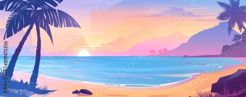 Beach sunrise flat design front view island theme water color Tetradic color scheme