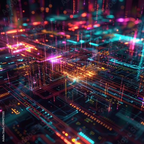 Cyberspace data transfer technology background colorful connectivity lines across circuit board, modern progress computer software abstract style