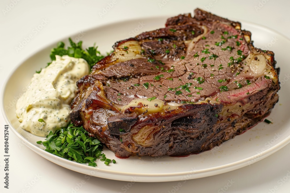 Exquisite Air Fryer Prime Rib on White Plate with Fresh Herbs Exquisite Air Fryer Prime Rib on White Plate with Fresh Herbs