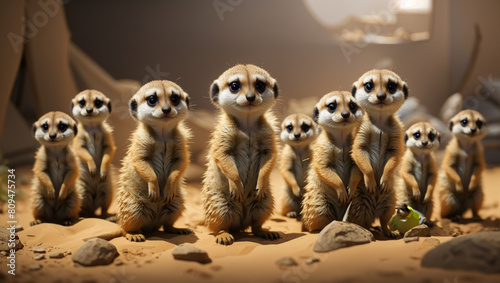 A group of seven meerkats standing on the sand and looking at the camera.

 photo