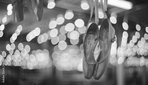 A pair of ballet slippers hanging, with a dance studios mirrors creating a reflective bokeh photo