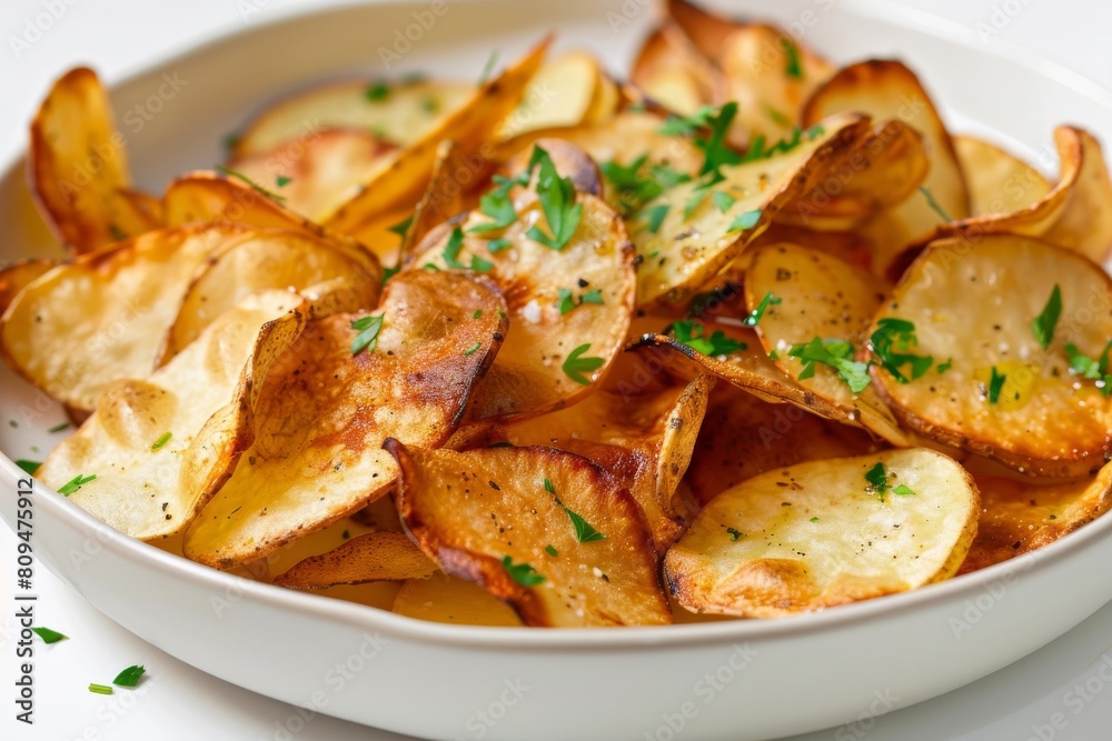Seasoned Air Fried Potato Chips in a White Porcelain Bowl Seasoned Air Fried Potato Chips in a White Porcelain Bowl