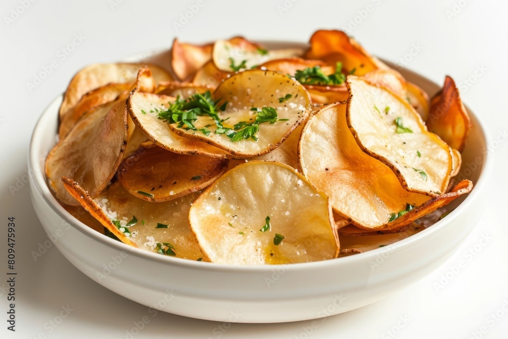 Thin and Crispy Air Fryer Potato Chips in a Porcelain Bowl