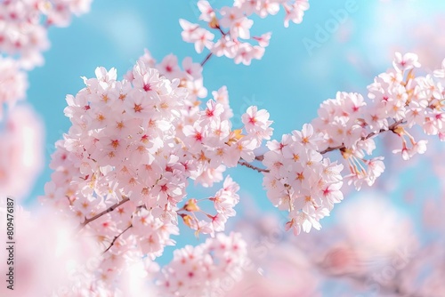 A picturesque field of cherry blossoms in full bloom  set against a vibrant blue sky