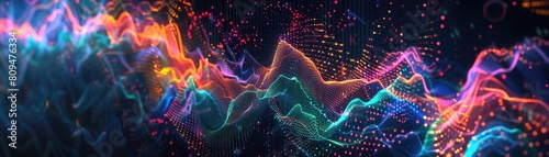 A dynamic digital artwork showing cryptocurrency charts pulsating with life, resembling sound waves on a dark background Vivid colors indicate market highs and lows © Pungu x