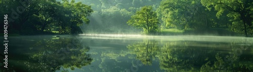 Calm lake under the enchanting play of sunlight through morning mist  with the lush greenery reflected perfectly in the still water