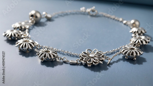 A silver charm bracelet with 11 charms, including clovers, flowers, and hearts.

