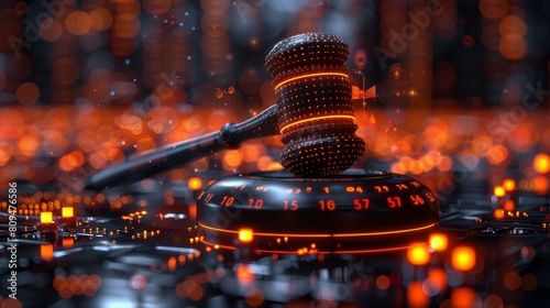 Futuristic justice concept with glowing gavel photo