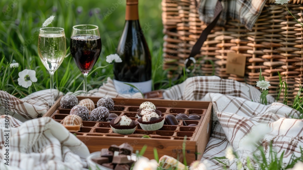 romantic picnic setup with chocolates and wine to celebrate World Chocolate Day