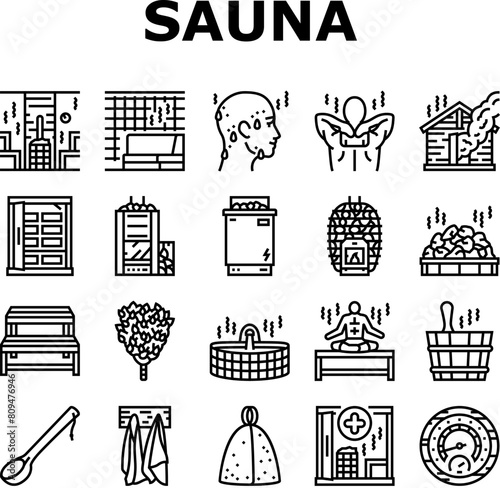 sauna bath spa relax steam room icons set vector. wellness towel, woman hot, beauty shower, wooden aromatherapy, care hygiene sauna bath spa relax steam room black contour illustrations