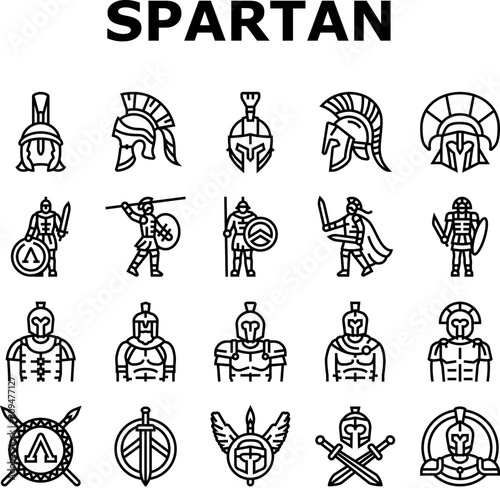 spartan warrior helmet roman icons set vector. soldier sparta, battle armor, gladiator head, greek ancient, knight spartan warrior helmet roman black contour illustrations