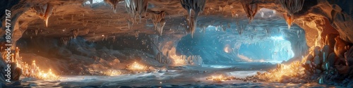 Majestic Subterranean Cavern Adorned with Glowing Crystals and Ancient Rock Formations