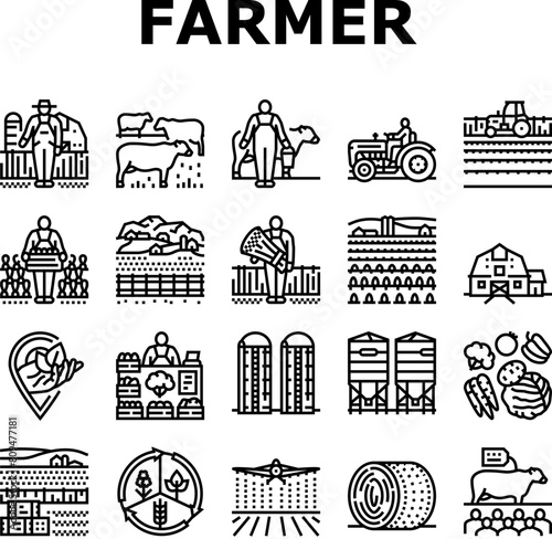 farmer farm agriculture field man icons set vector. rural worker, nature people, harvest plant, organic person, outdoor work farmer farm agriculture field man black contour illustrations