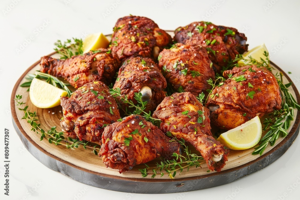 Rustic Wooden Board with Deliciously Seasoned Air Fried Chicken and Garlic Powder Rustic Wooden Board with Deliciously Seasoned Air Fried Chicken and Garlic Powder