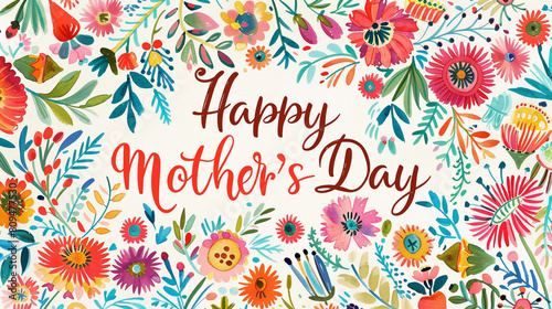 Floral-themed Mother's Day card bursting with vibrant colors and intricate botanical illustrations, alongside "Happy Mother's Day" in joyful script.