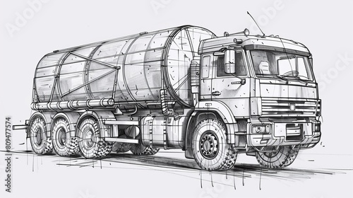 A sketch of a truck mixer is rendered in vector format, depicting both visible and invisible lines in separate layers.