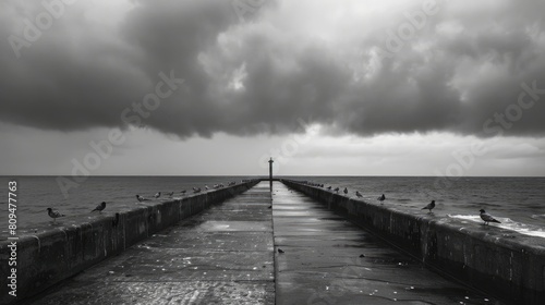Pigeons on Heugh breakwater pier during stormy overcast conditions photo