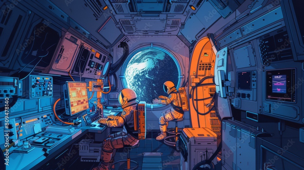 Design a spacecraft interior using solidstate battery technology, highlighting the energy