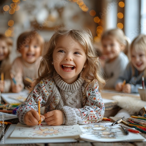 Children Joyfully Engaged in Creative Art Expression and photo