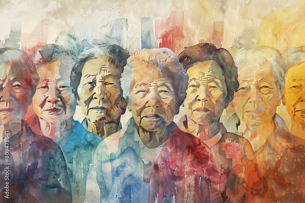 Watercolour painting of a group of mature Asian people