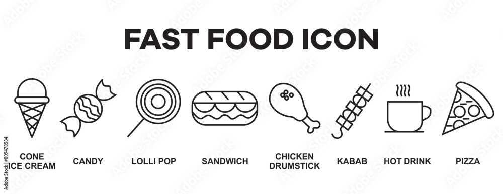 Fast food vector icon line set. Burger sandwich pizza hot dog cola coffee sweets