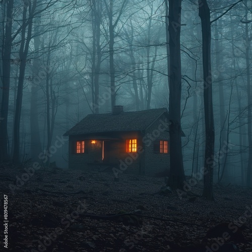 The horror theme of a shack house with dim lights behind the forest trees looks eerie when it's foggy and winter, abstract, scary, mystical, long shot, wide angel, realistic
