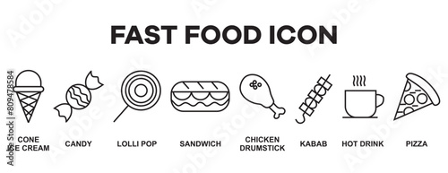 Fast food vector icon line set. Burger sandwich pizza hot dog cola coffee sweets