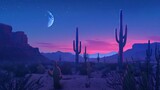 A stunning desert landscape at twilight, with giant saguaro cacti casting long shadows in the moonlight