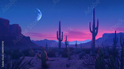 A stunning desert landscape at twilight, with giant saguaro cacti casting long shadows in the moonlight photo