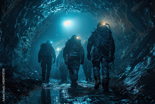  A group of heavy Victorian workers in glowing helmets and gear, inside an icy blue cave on the moon with dark shadows and cold mist. Created with Ai