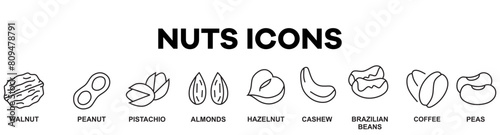 Nuts flat line icons set. Peanut, almond, chestnut, macadamia, cashew, pistachio, pine seeds vector illustrations.Outline signs for healthy food store. Pixel perfect 64x64. Editable Strokes