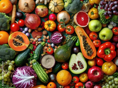 Variety of colorful vegetables  seeds  and fruits spread out on the table--a wholesome and nutritious diet. Flat-lay  top view. 