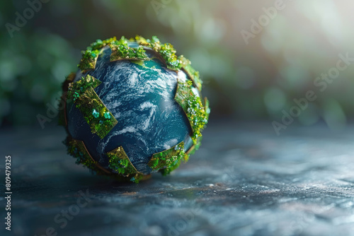A miniature Earth made of moss and leaves, symbolizing the planet's health and resilience. Created with Ai