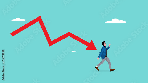 investment sales fall with haunting losses, panic businessman running avoiding descending arrow graph concept vector illustration