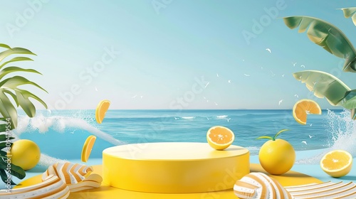 A summer travel poster banner showcases a yellow product display podium against a tropical beach backdrop.