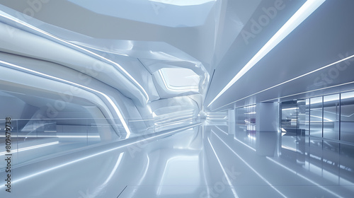 Within the modern futuristic building, sleek architecture seamlessly integrates innovative design elements with ambient lighting