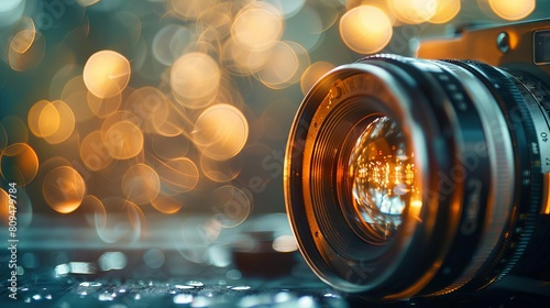 A vintage camera lens capturing light reflections and circular bokeh spots on film