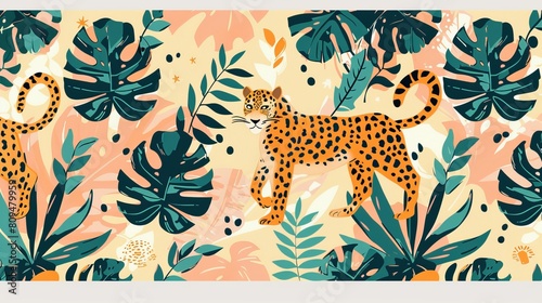 A trendy vector seamless pattern featuring leopards and tropical leaves is showcased in this stylish design.