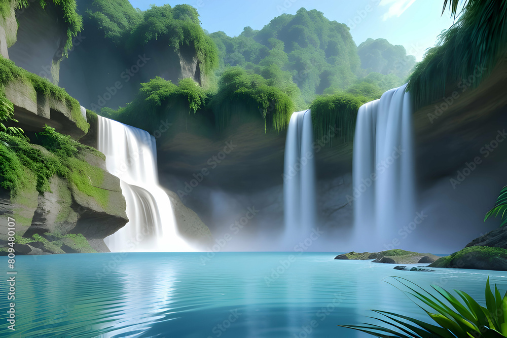 Fototapeta premium Beautiful and Peaceful Nature Scenery Illustration, Landscape, Countryside, Tranquil, Vibrant and Colorful