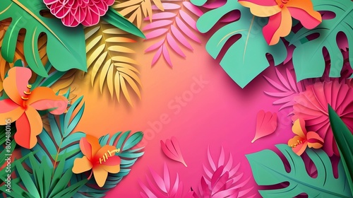 A tropical summer background banner is adorned with paper-cut art  capturing the essence of the season.