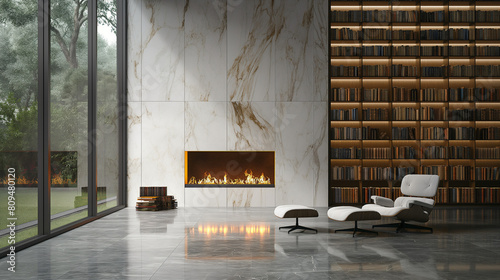 living room, marble wall fireplace and stylish bookcase to the ceiling in a chic expensive interior of a luxurious country house with a modern design with wood and led light, gray furniturу.