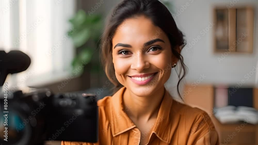 Young woman blogger on table at home office look at camera online during video chat conference call , webcam digital conference or meeting 