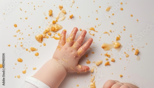 Baby hands with food stains, photographed in a highkey lighting setup on a white background, perfect for baby products photo