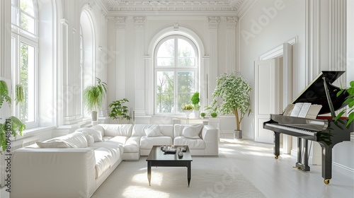 A cool white living room is a clean, fresh color that makes a room feel spacious and bright. There was a large piano and windows overlooking the atmosphere outside,Generative AI illustration. photo