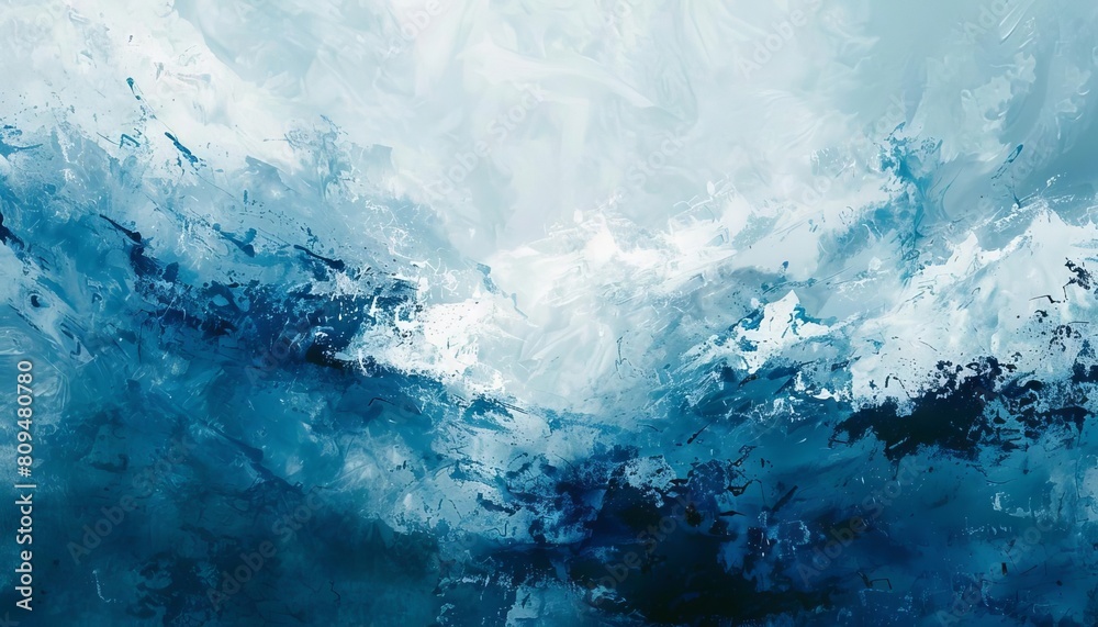 An abstract digital painting that resembles a frozen landscape, with icy blues and whites evoking a wintery atmosphere