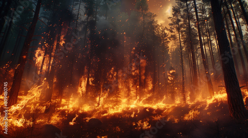 Raging forest wildfire consuming tall trees with bright flames under smoky sky in dense woodland.