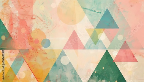 An abstract geometric pattern of pastel triangles and circles forming a harmonious composition