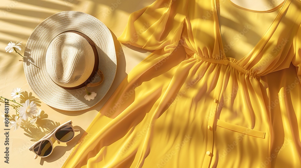 A flat lay composition featuring a yellow sundress, sunhat, and sunglasses, epitomizing effortless summer chic.