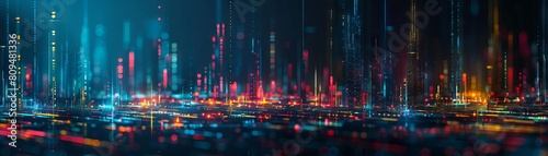 An abstract visualization of a glowing cityscape made entirely of bright digital lines against a dark background photo