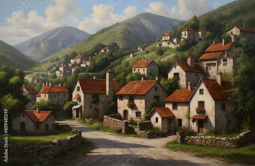 realistic oil painting of Beautiful little village